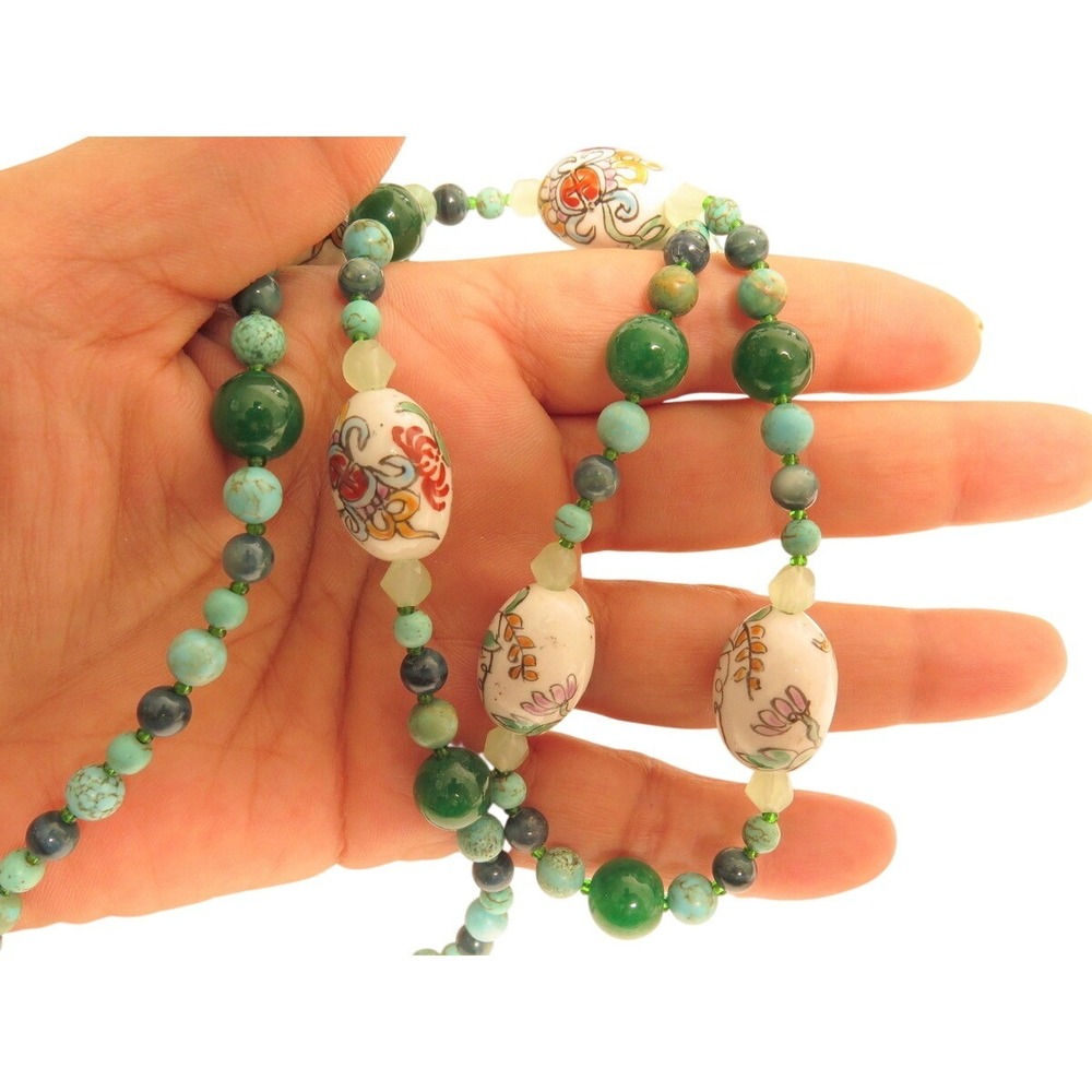Artisan Beaded Necklace Green Stone Turquoise Hand Painted Porcelain Floral Long